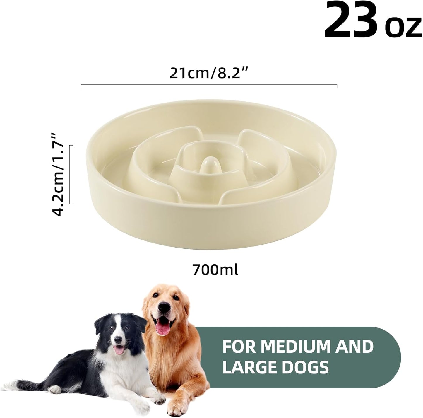 8.2inch Ceramic Slow Feeder Dog Bowl for Medium and Large Breed, Puzzle Dog Food Dish, Anti-Gulping, Pet Slow Feeder, Stop Bloat, Preventing Choking (Single Bowl-Beige)