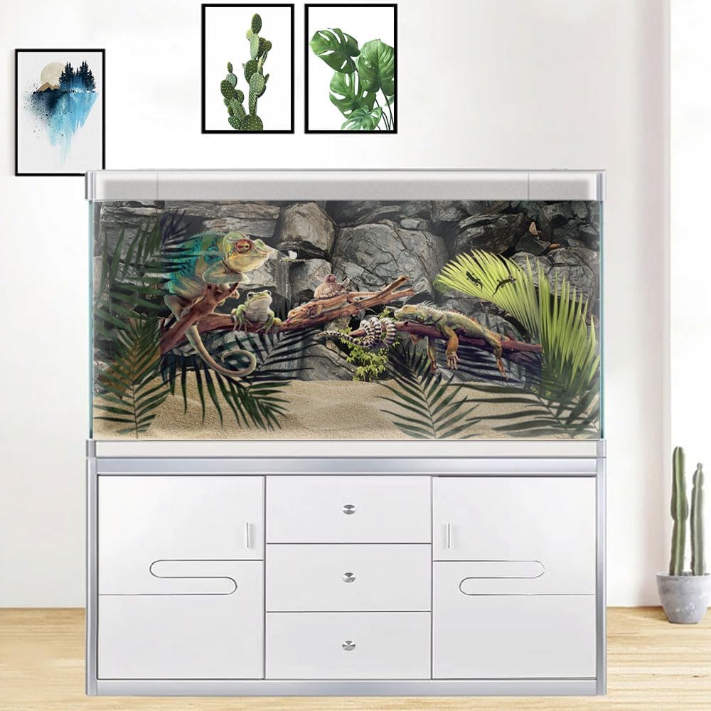 48X20IN Stone Aquarium Background, Rock Fish Tank Background, Natural Rocky Glass Terrarium Background with 8 EVA Double-Sided Tape