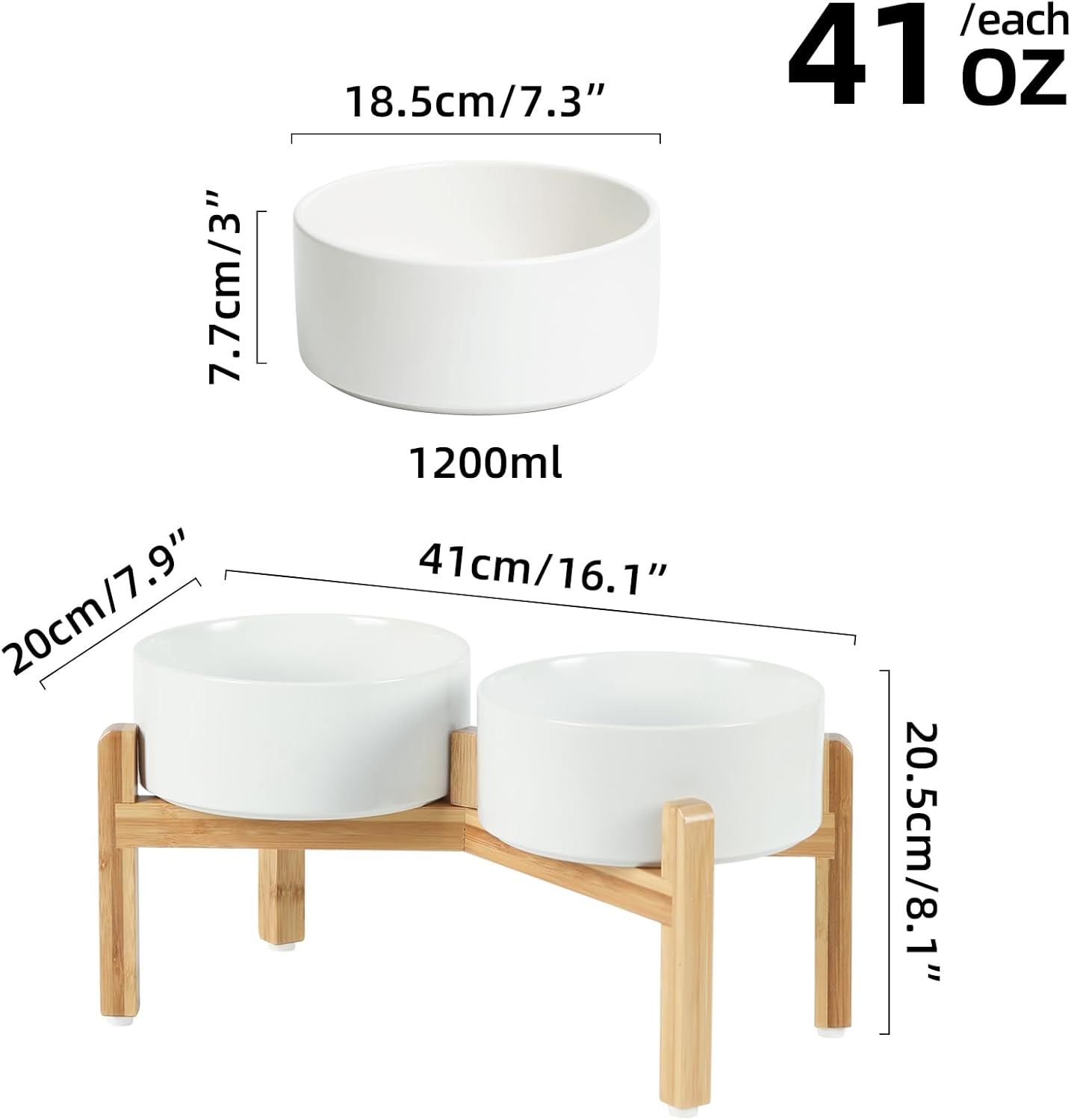 Ceramic Raised Double Bowls Set with Stand, Food & Water Bowls for Medium Breed Dogs, Weighted Dog Dishes, Pet Bowl(7.3'',41OZ, White)
