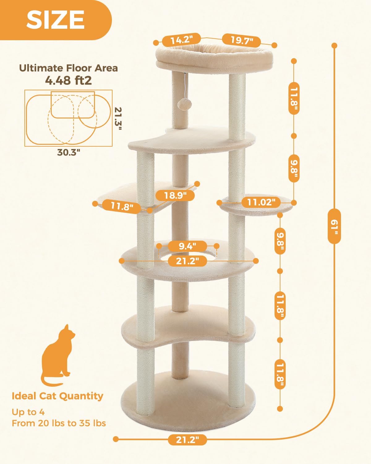 PETEPELA 61" Cat Tree for Indoor Cats, [6-Levels] Cat Climbing Tower with 9 Sisal Scratching Posts and Replaceable Dangling Ball &Top Perch, Beige