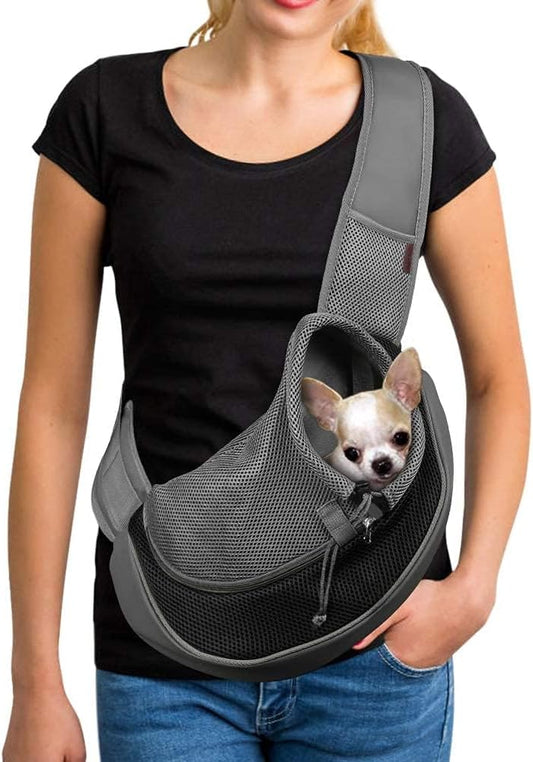 YUDODO Pet Sling Carrier for Small Dogs & Cats – Hands-Free Puppy Carrier with Safety Hook, Large Zipper Pocket, Soft Breathable Mesh, Adjustable Strap & Reflective Strip (Black 1.0 S)