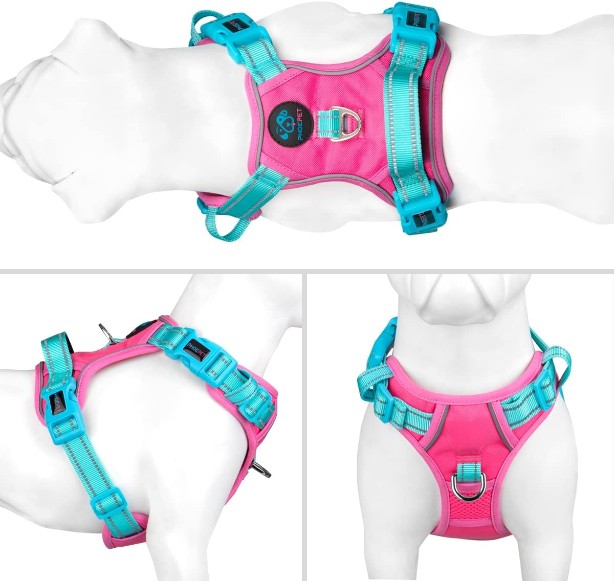 PHOEPET No Pull Dog Harness, Unique Colors Reflective Adjustable Dog Vest, with Soft Training Handle Metal Clips for Small Medium Large Dogs (Pink Base & Green Straps,XS)