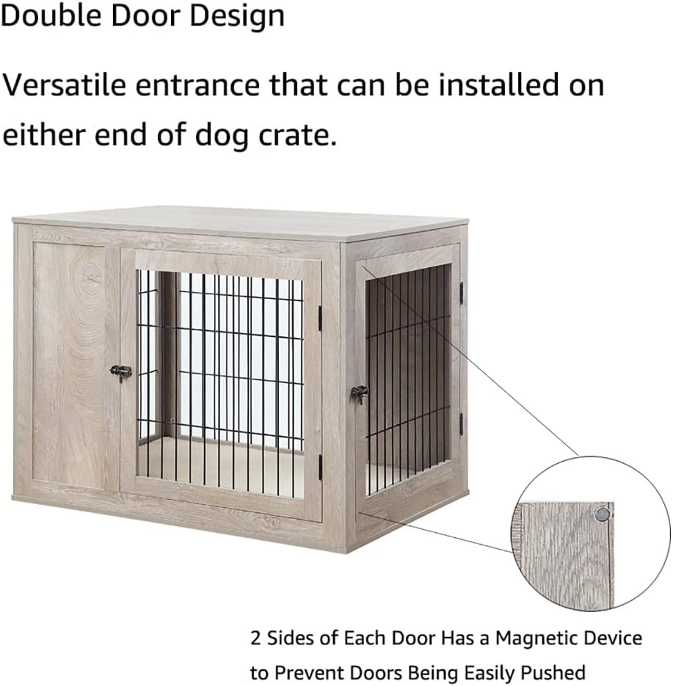 unipaws 41 Inch Furniture Style Dog Crate for Medium Large Dogs, Indoor Aesthetic Dog Stuff Kennel, Modern Wood Wire Cage, Pretty Cute End Side Table Nightstand, Weathered Grey