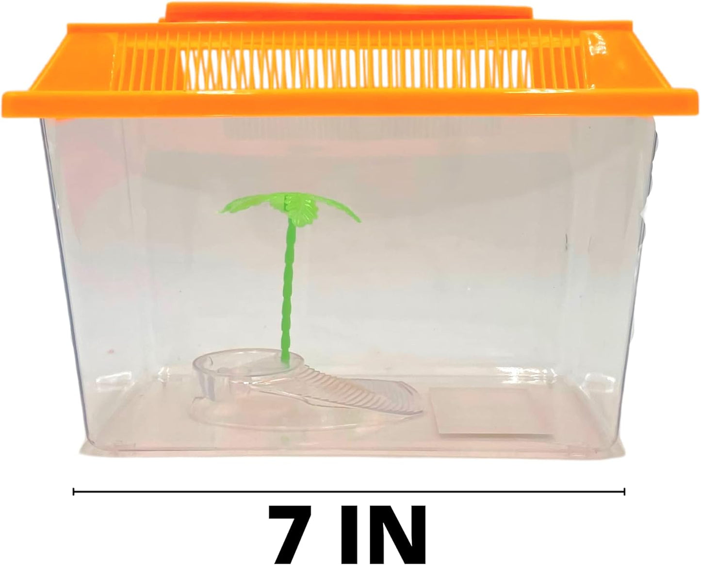 Needzo Mini Neon Plastic Reptile Carrier, Small Terrariums for Hermit Crabs, Lizards, and More with Palm Tree Accessory, Crab Hunting Supplies, Color May Vary, 7 Inches