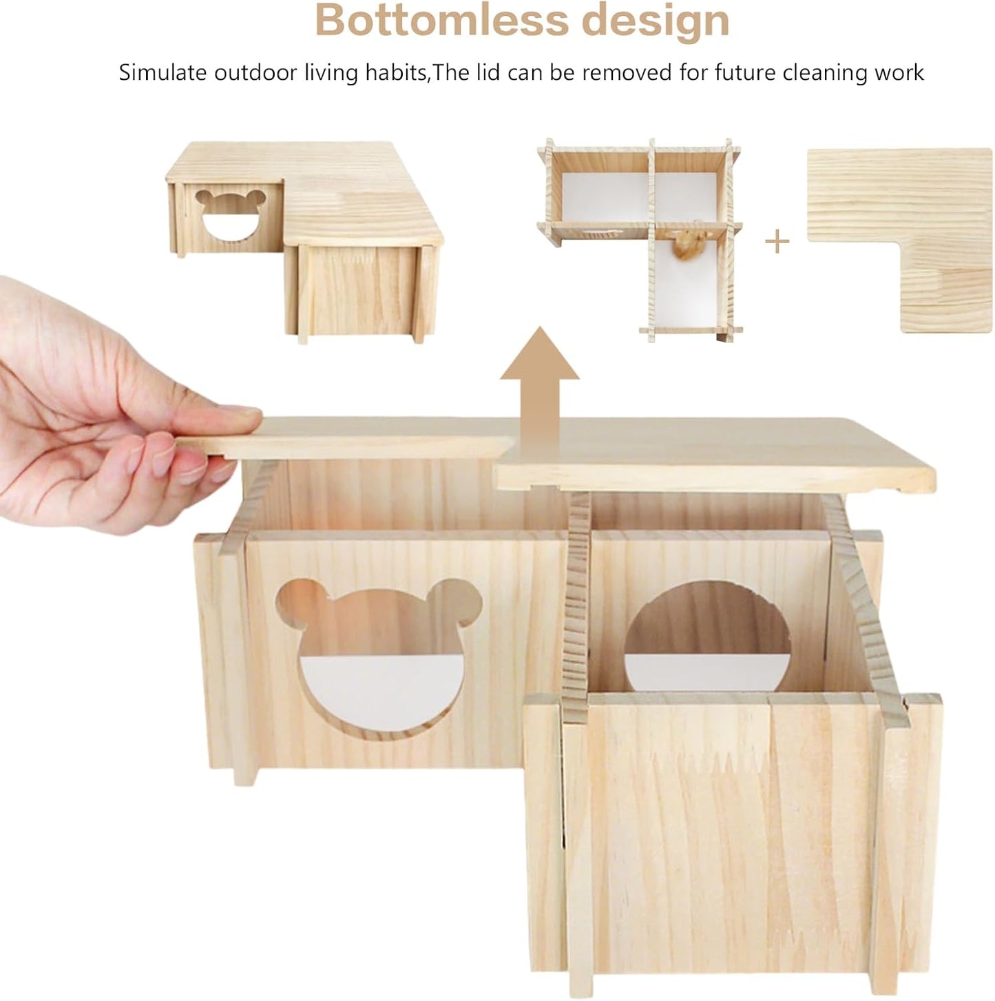 Wooden Hamster Platform and Dwarf Hamster House,Cute Syrian Hamster Tiny House Hideout,Large Balcony Lookout Holes,for Dwarf Gerbils and Mouse Mice Rat Other Small Animals(F)