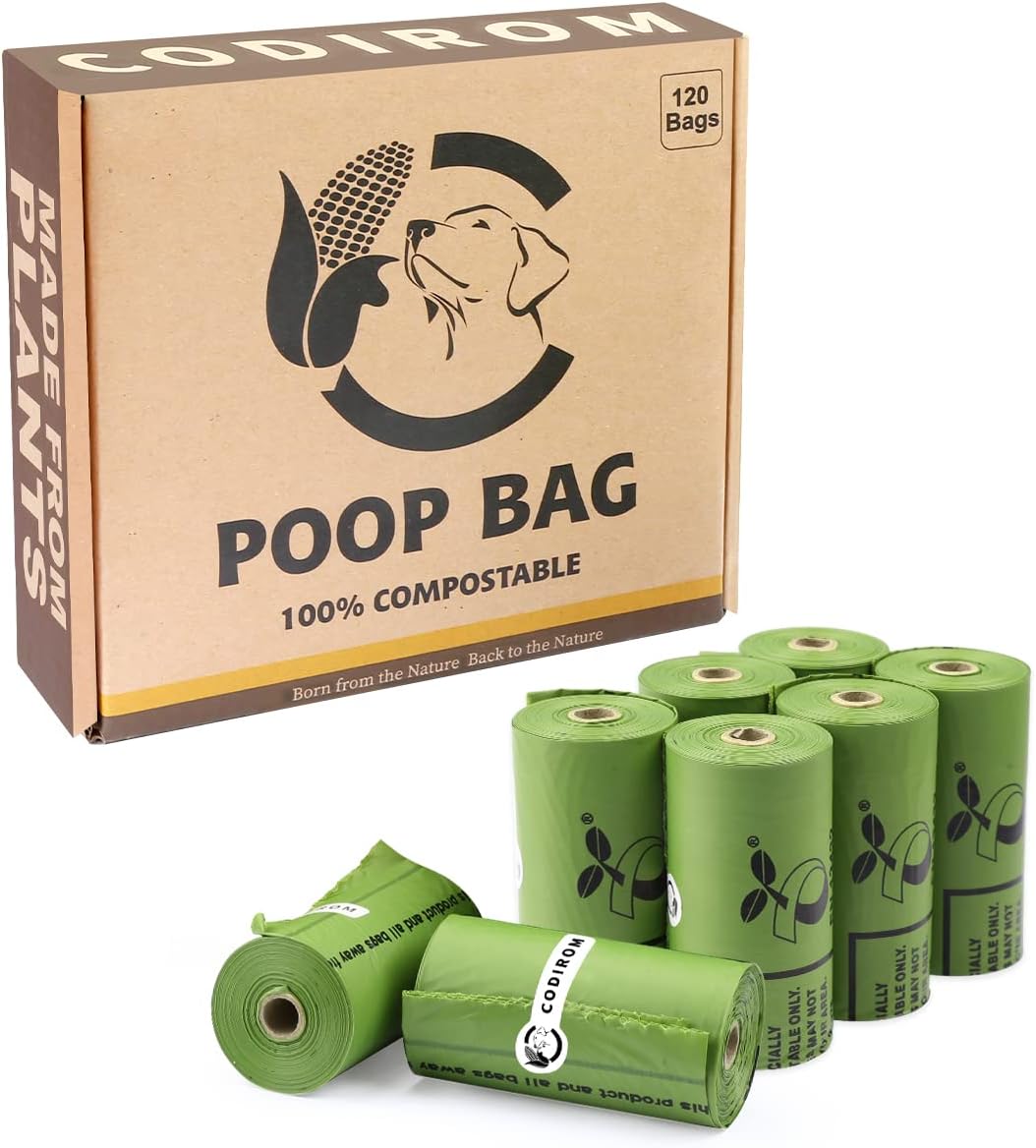 Certified Compostable Dog Poop Bags, 120 Count Landfill Friendly and Leakproof Waste Bags, Easy Open Unscented Forest Green Poop Bag for Dog, 15 Doggy Bags Per Roll (8 rolls)