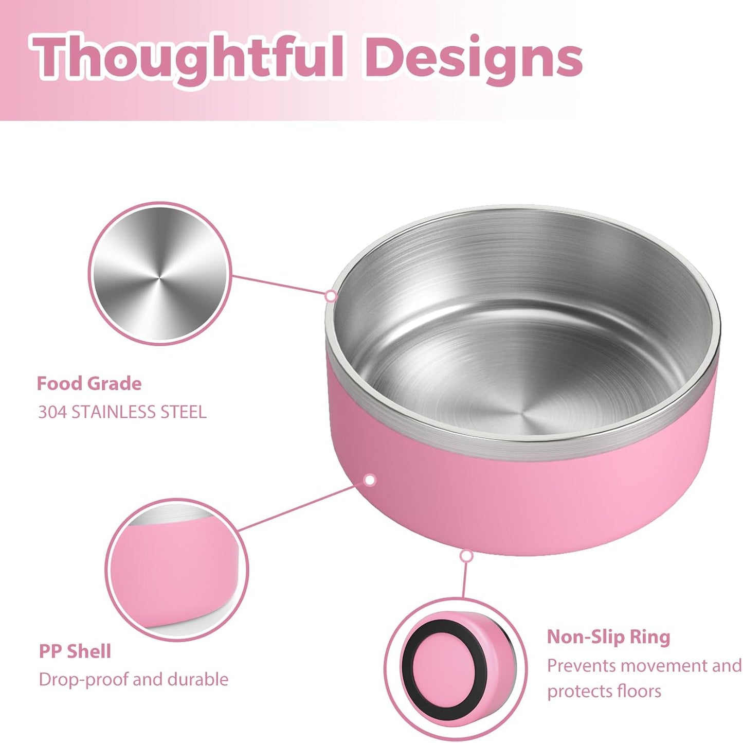 Stainless Steel Dog Bowl, Metal Water and Food Dish for Large Dogs, Insulated Non-Slip Pet Bowl, Easy Clean, 64oz, Pink