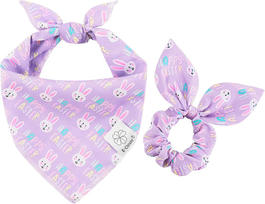 E-Clover Easter Dog Bandana & Matching Scrunchie-Bunny Dog Bandanas Pet Scarf Bib for Medium Large Dogs Girl Boy Owner Gift Purple