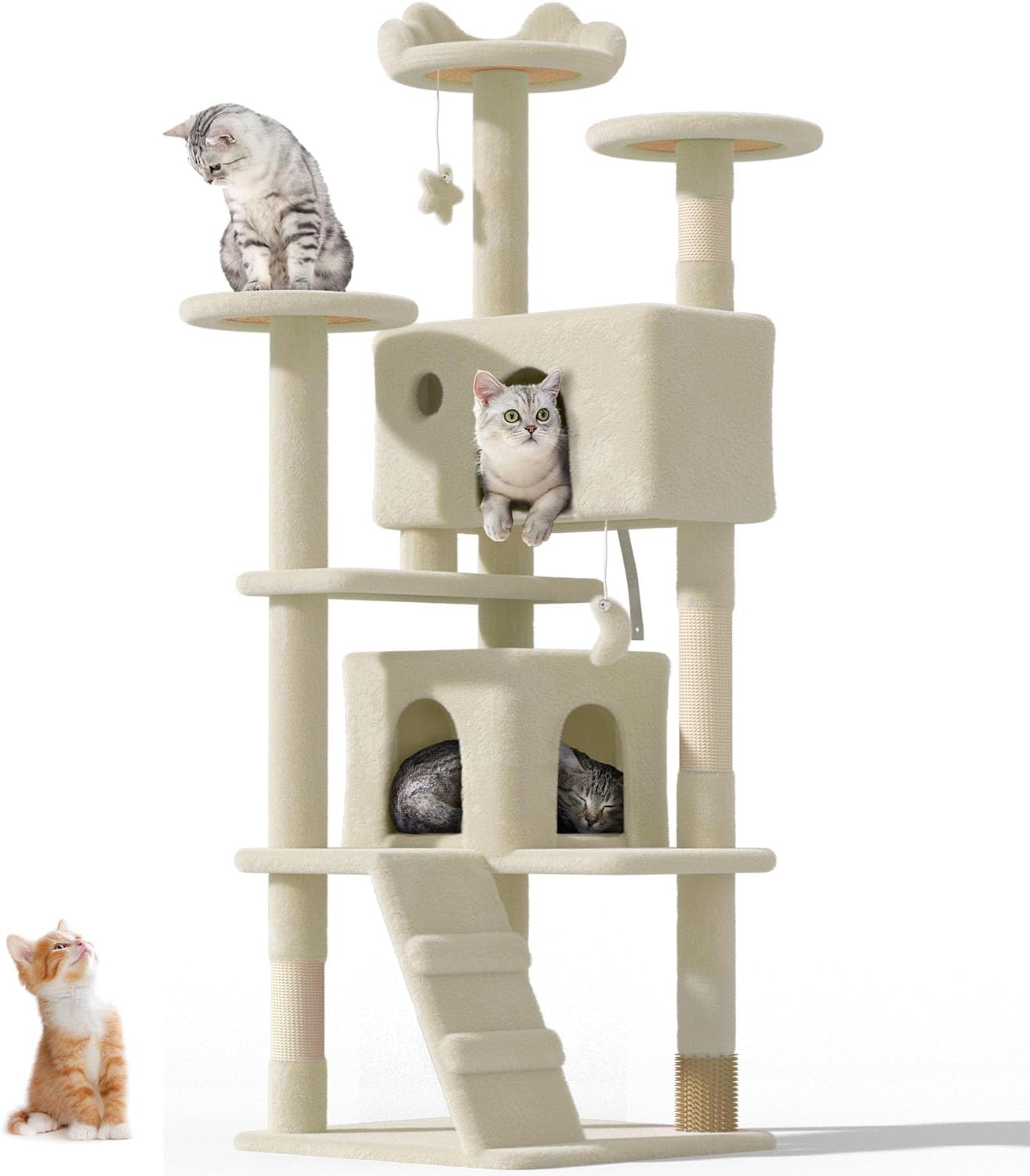 60'' Cat Tree Tower for Indoor Cats Large Adult,Cute/Tall Modern Cat Tree for Big Cats 20 lbs, Plush Multi-Level Cat Condo with Scratching Posts, Dangling Ball Indoor (Beige, 60 inch)