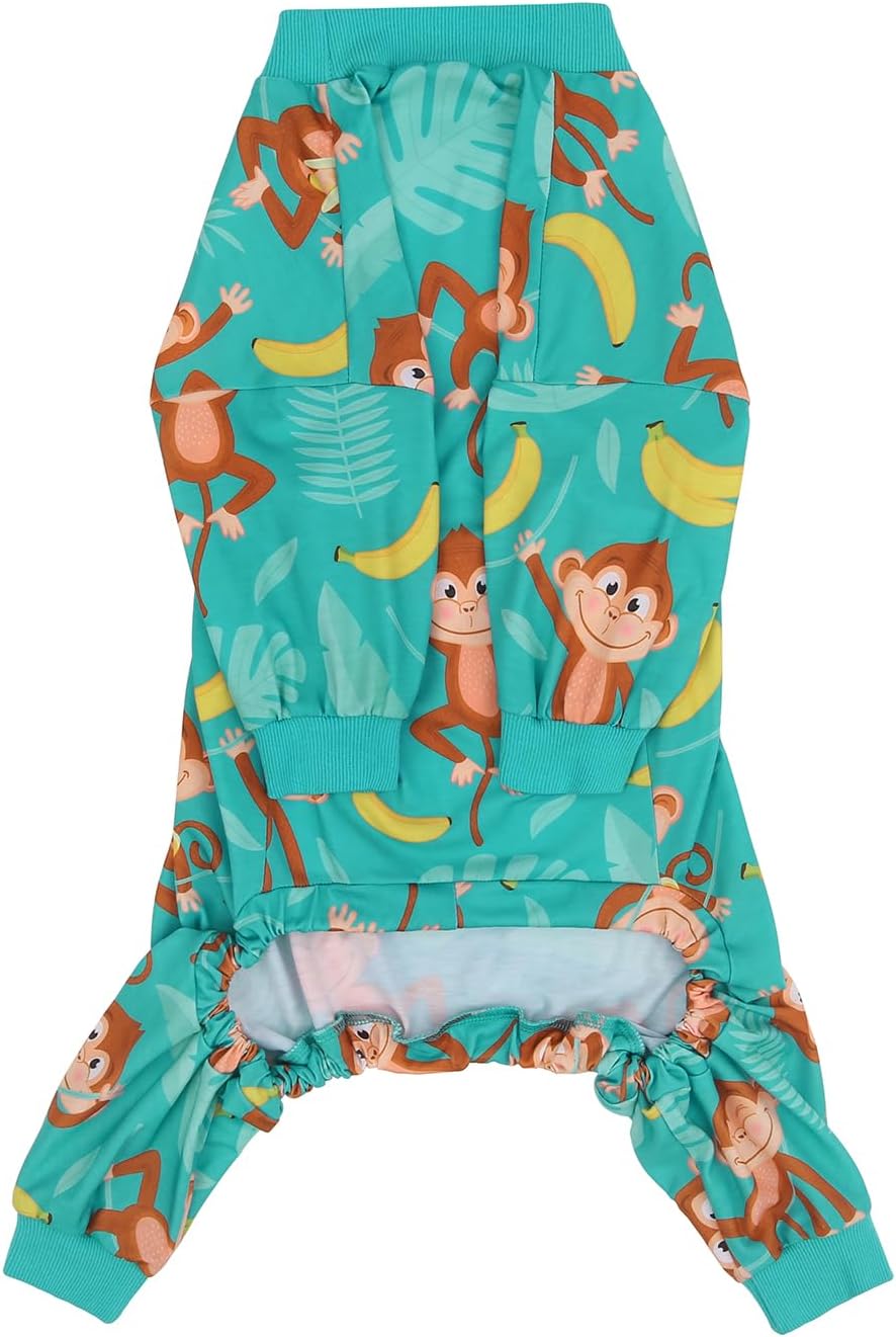 HDE Dog Pajamas One Piece Jammies Jumpsuit Pet Clothes Outfit Stretchy Lightweight Comfy Shirt Pjs for M-3XL Dogs Monkeying Around - 3XL