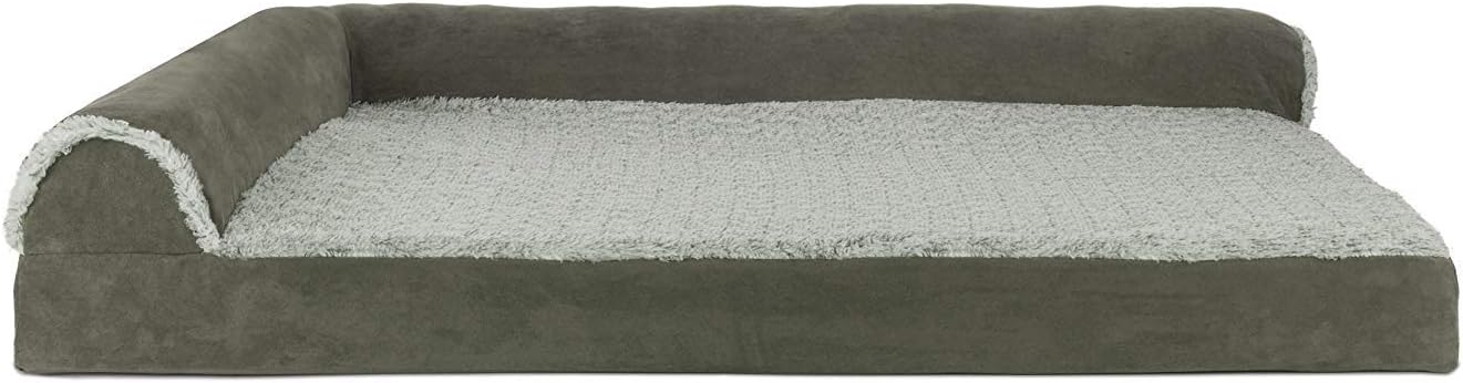 Furhaven Cooling Gel Dog Bed for Large Dogs w/ Removable Bolsters & Washable Cover, For Dogs Up to 95 lbs - Two-Tone Plush Faux Fur & Suede L Shaped Chaise - Dark Sage, Jumbo/XL