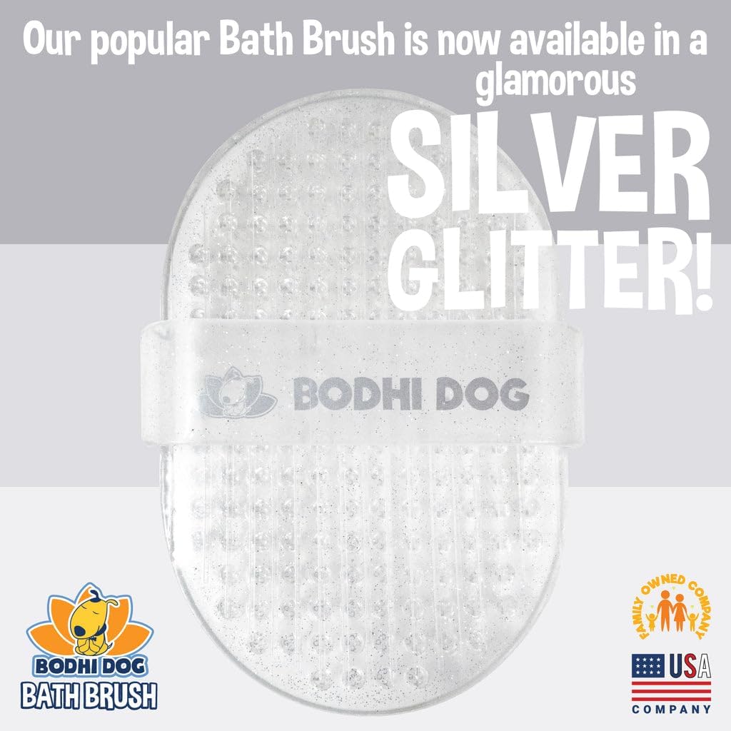 Bodhi Dog Shampoo Brush - Pet Grooming & Bath Supplies for Dogs and Cats - Bath Brush for Long & Short Hair - Premium Scrubber for Shower, Bathing & Massage (One Pack, Silver Glitter)