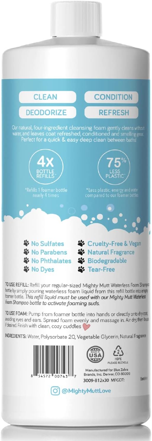 Mighty Mutt Waterless Foam Shampoo for Dogs | Dry Shampoo for Dogs No Rinse | Deodorizes Smelly Dogs | Soothing & Anti-Itch | Hypoallergenic | Waterless Dog Shampoo – Fresh Breeze Refill | 30 fl oz