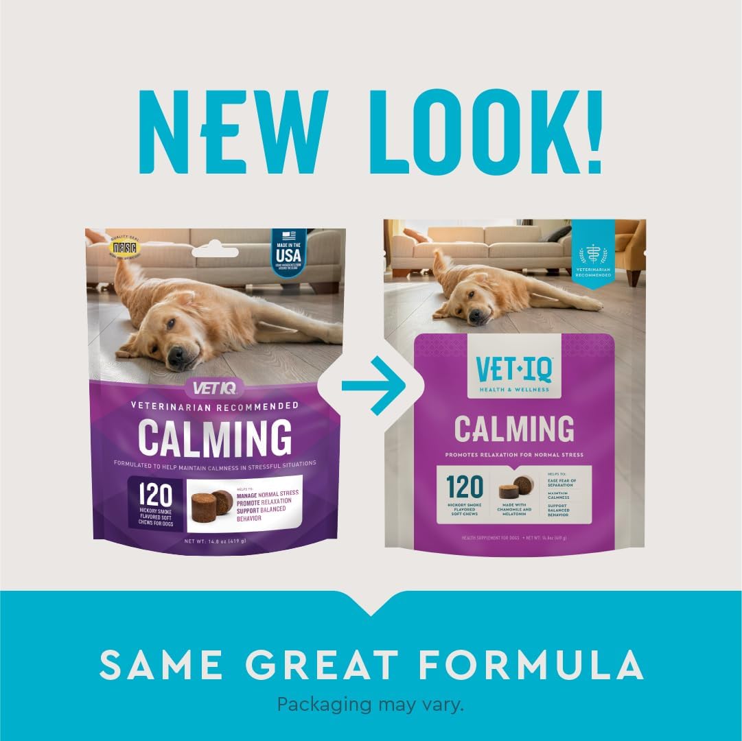 VetIQ Calming Support Supplement for Dogs, Calming Chews Help Manage Stress and Promote Relaxation, Anxiety Relief for Dogs, Made in The USA, 120 Count