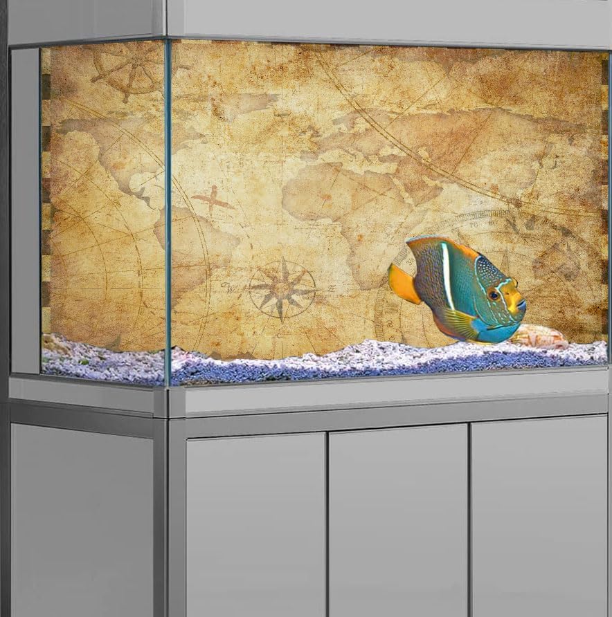 24X12IN Retro Old Travel World Map Terrarium Background, Art Parchment Pirate Treasure Map Reptile Habitat Background with 10EVA Double-Sided Tape