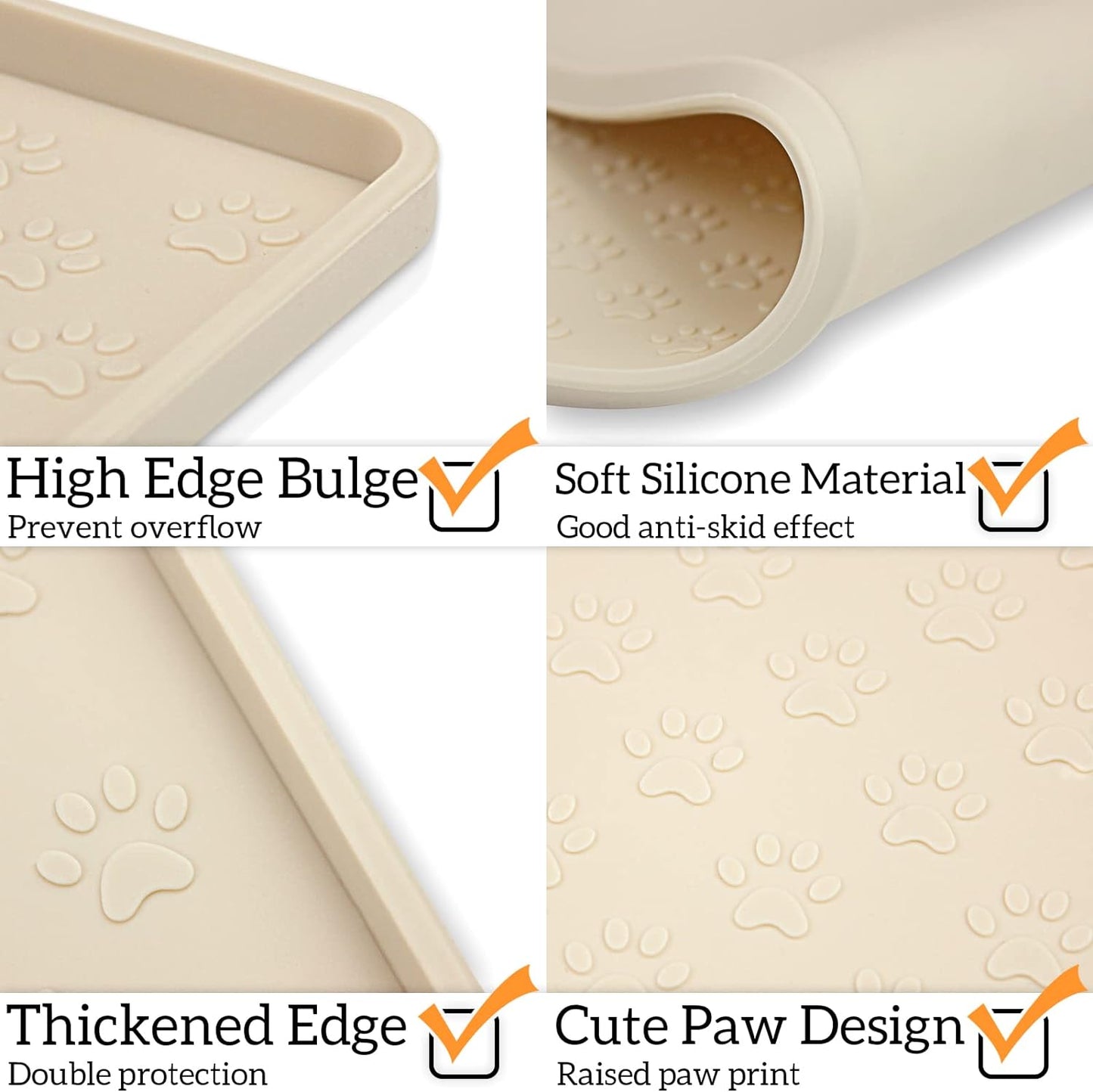 Ptlom Silicone Pet Placemat for Dog and Cat, Waterproof Non-Slip Pet Feeding Bowl Mats for Food and Water, Small Medium Large Tray Mat Prevent Residues from Spilling to Floor, Beige, 18" 12"