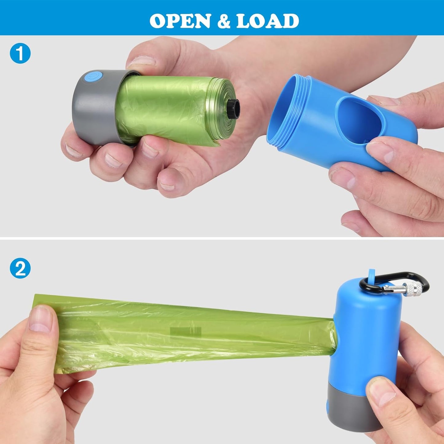 Rechargeable Dog Poop Bag Dispenser With Safety LED Flashlight, Pet Waste Bag Holder with Carabiner Clip For Leash, Collar,Harness, and 15 PCS Extra Thick Doggy Waste Bags