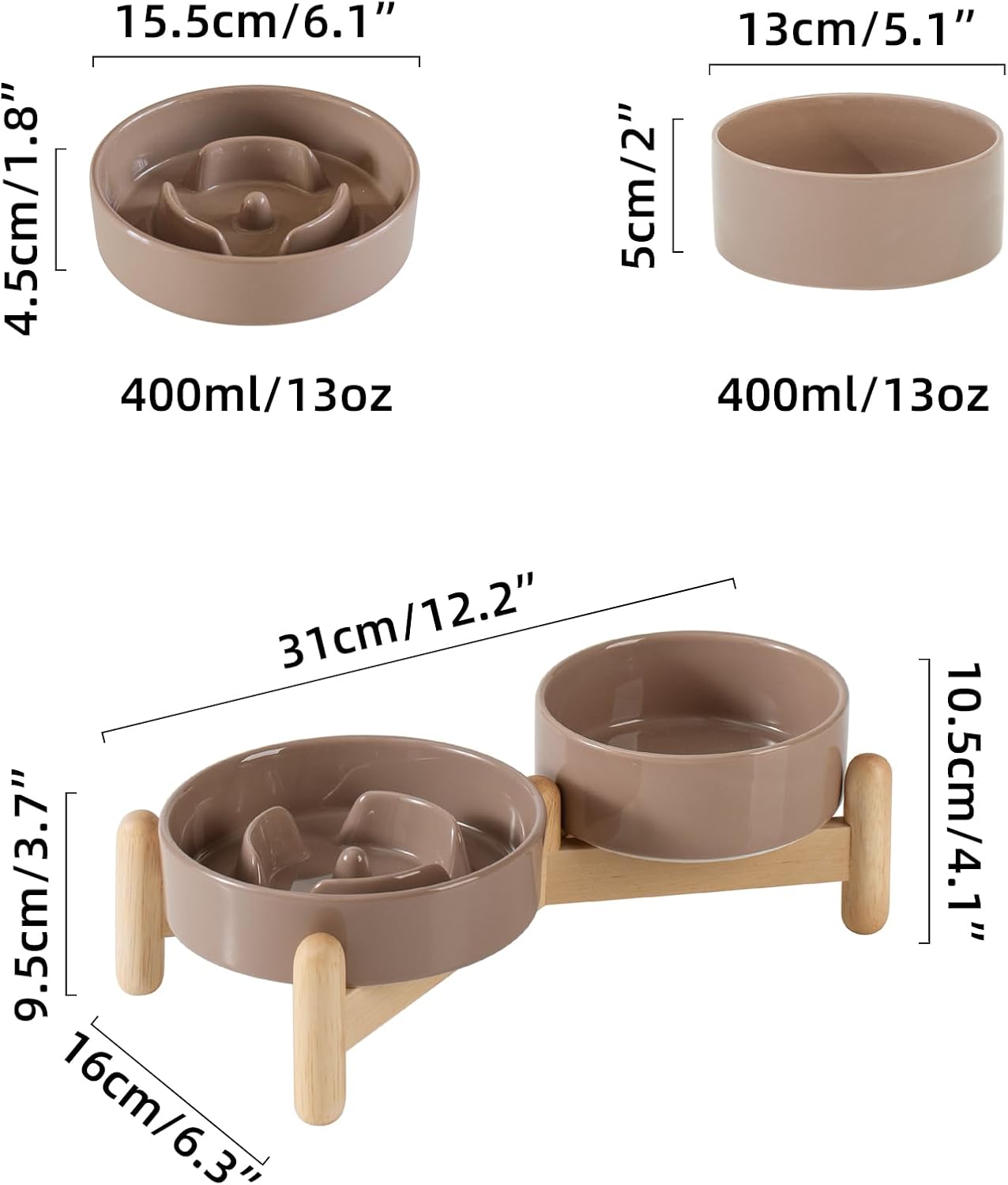 Ceramic Raised Slow Feeder Dog Bowl Set, Elevated 5.1inch Bowl and 6.1inch Puzzle Slow Pet Food Dish with Wooden Stand for Small Dog and Cat, Anti-Gulping (2X Brown Coffee+ Stand)