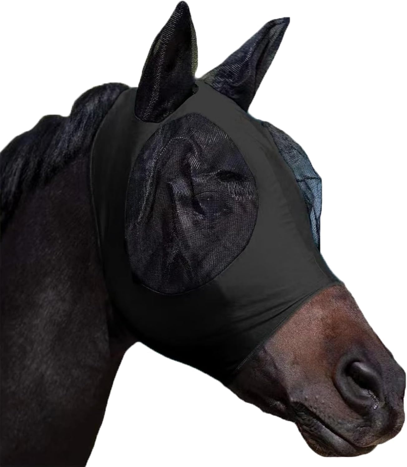Horse Fly Mask with Ears, Comfortable Fit Stretch Fabric with UV Protection Soft on Skin Breathability for Small/Medium Size Horses (Black)