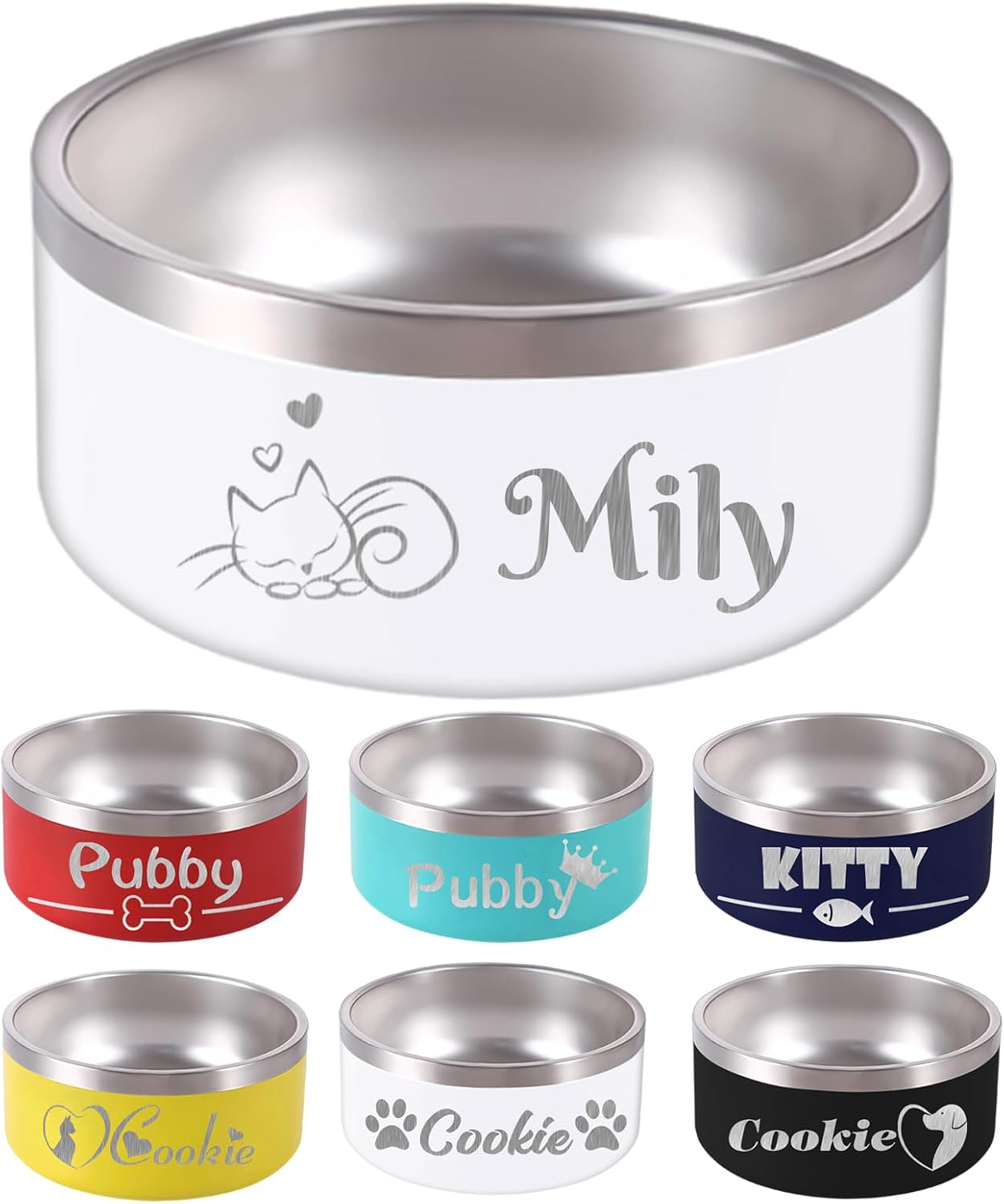42OZ Personalized Dog Bowl Laser Engraved Custom Pet Name 18/32/42/64 oz No Slip Stainless Steel Insulated Bite-Resistant Food Water Dishes-White