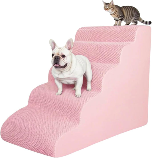 5 Step Pet Stairs Ramp for High Beds Sofas 5-30 Inch with Sturdy Non Slip Waterproof Pads, Machine Washable Cover Indoor Balanced Design for Cats Dogs Small Medium Large XL Pets Grey (Pink, Large, 1)