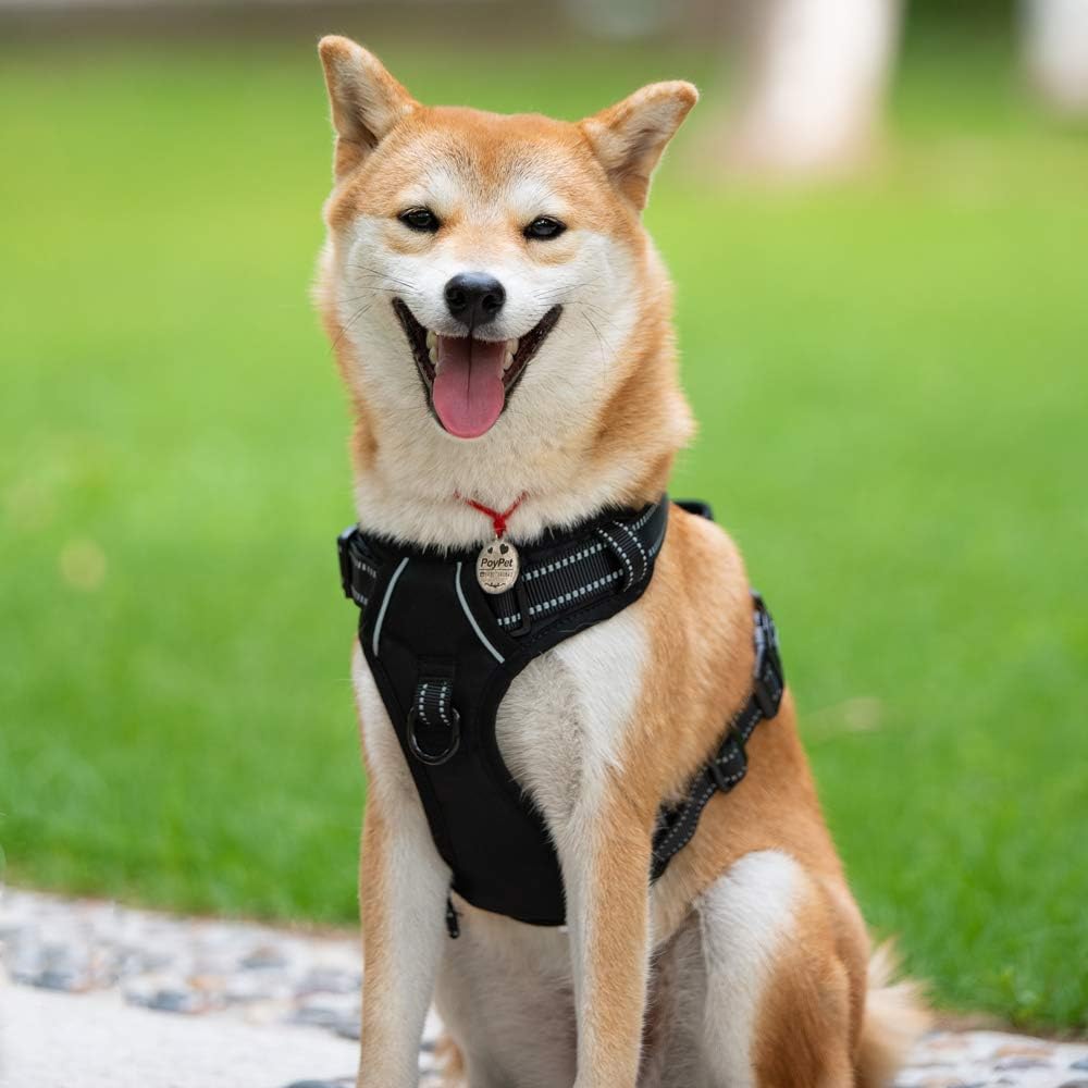 PoyPet No Pull Dog Harness, Reflective Comfortable Vest Harness with Front & Back 2 Leash Attachments and Easy Control Handle Adjustable Soft Padded Pet Vest for Small to Large Dogs (Black,M)