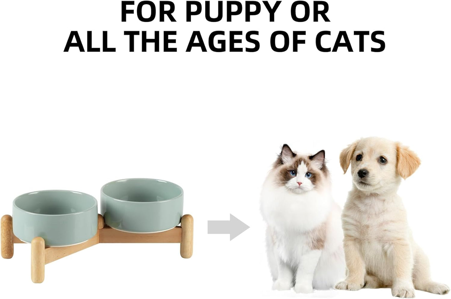 Ceramic 5.1inch Raised Double Bowls Set with Wooden Stand, Elevated Food & Water Bowls for Small Breed Dogs, Cats, Kitty, Weighted Dog Dishes, Pet Bowls(13.5oz, Light Green)