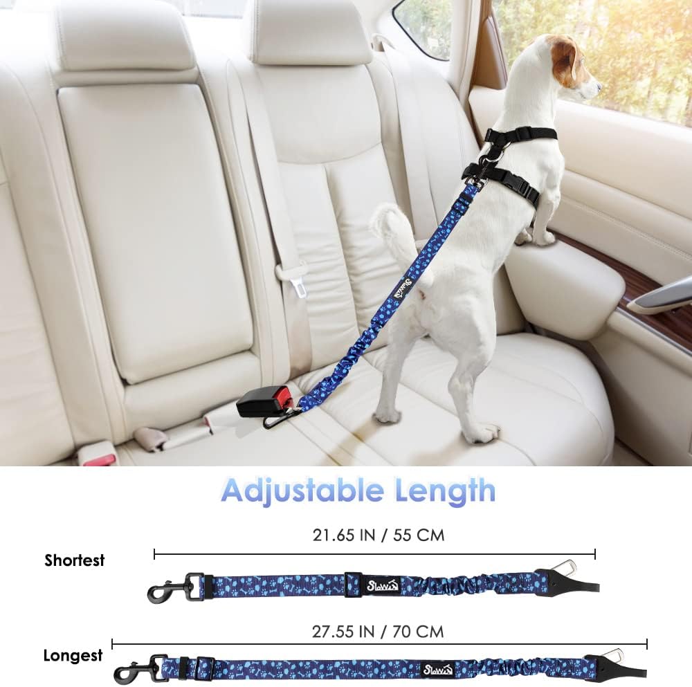 SlowTon Dog Seat Belt, Adjustable Dog Safety Belt Leash, 2 in 1 Latch Bar Attachment Dogs Car Seatbelt with Elastic Nylon Bungee Buffer, Reflective Nylon Belt Tether Connect (BL Dog Paw)