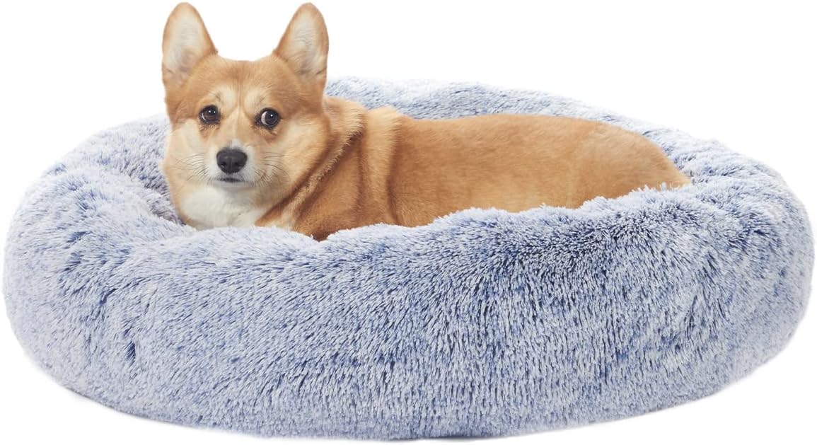 Bedfolks Calming Donut Dog Bed, 30 Inches Round Fluffy Dog Beds for Medium Dogs, Anti-Anxiety Plush Dog Bed, Machine Washable Pet Bed (Navy Blue, Medium)