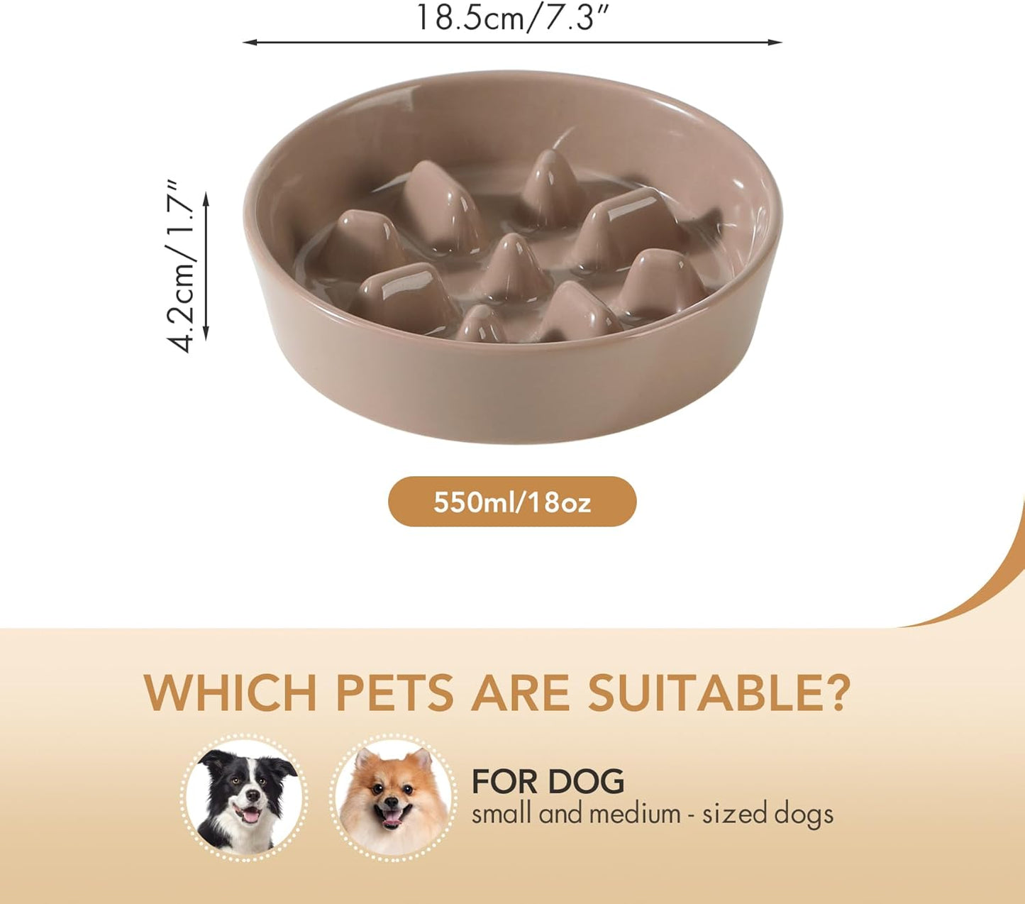 Ceramic 7.3 inch Dog Bowl Slow Feeder, Slow Pet Food Dish for Medium and Small Dog, Stop Bloat, Preventing Choking(Single Bowl, Brown Coffee)