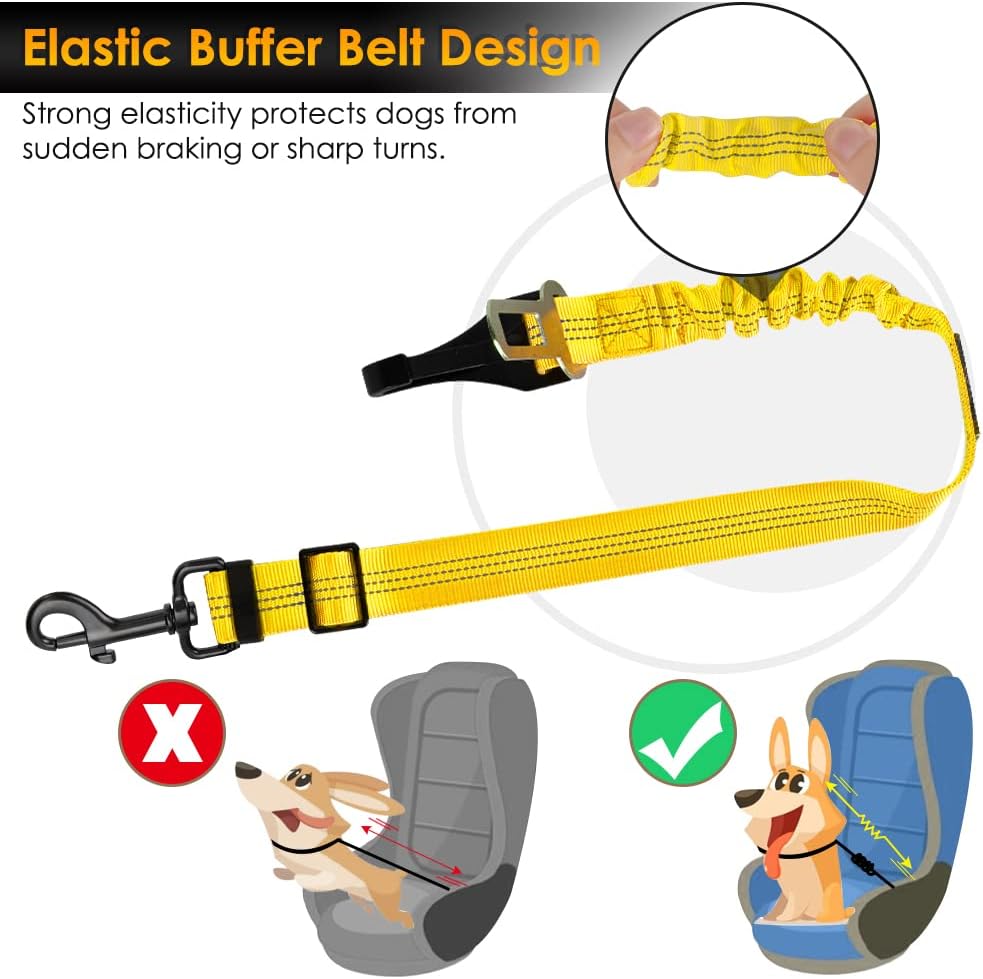 SlowTon Dog Harness, Adjustable Dog Seatbelt, 2 in 1 Latch Bar Attachment, Reflective Nylon Belt Tether, Yellow, 27.55in