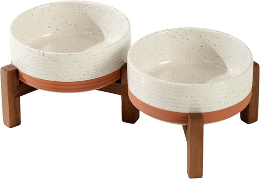 Ceramic 5.1inch Raised Double Bowls Set with Acacia Wood Stand, 2 Heights Elevated, Food & Water Bowls for Puppy, Kitty, Cats(13.5oz, Vanilla White)