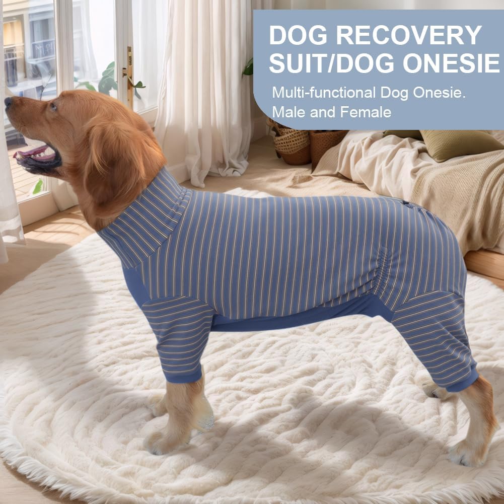 Dog Pyjamas PJS Sweater Clothes and Home Clothing Suitable for Large to Giant Breeds of Dogs, Dog Surgery Recovery Suit, Extra-Large Stretch Fabric, Four-Legged (Thickened Blue Stripes, XL)