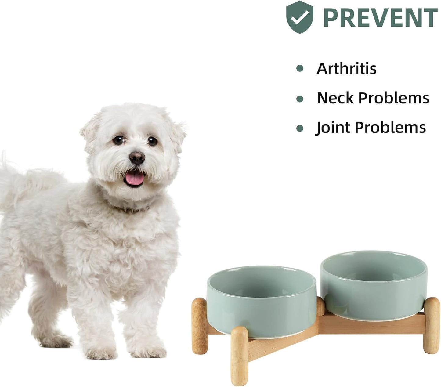 Ceramic 5.1inch Raised Double Bowls Set with Wooden Stand, Elevated Food & Water Bowls for Small Breed Dogs, Cats, Kitty, Weighted Dog Dishes, Pet Bowls(13.5oz, Light Green)