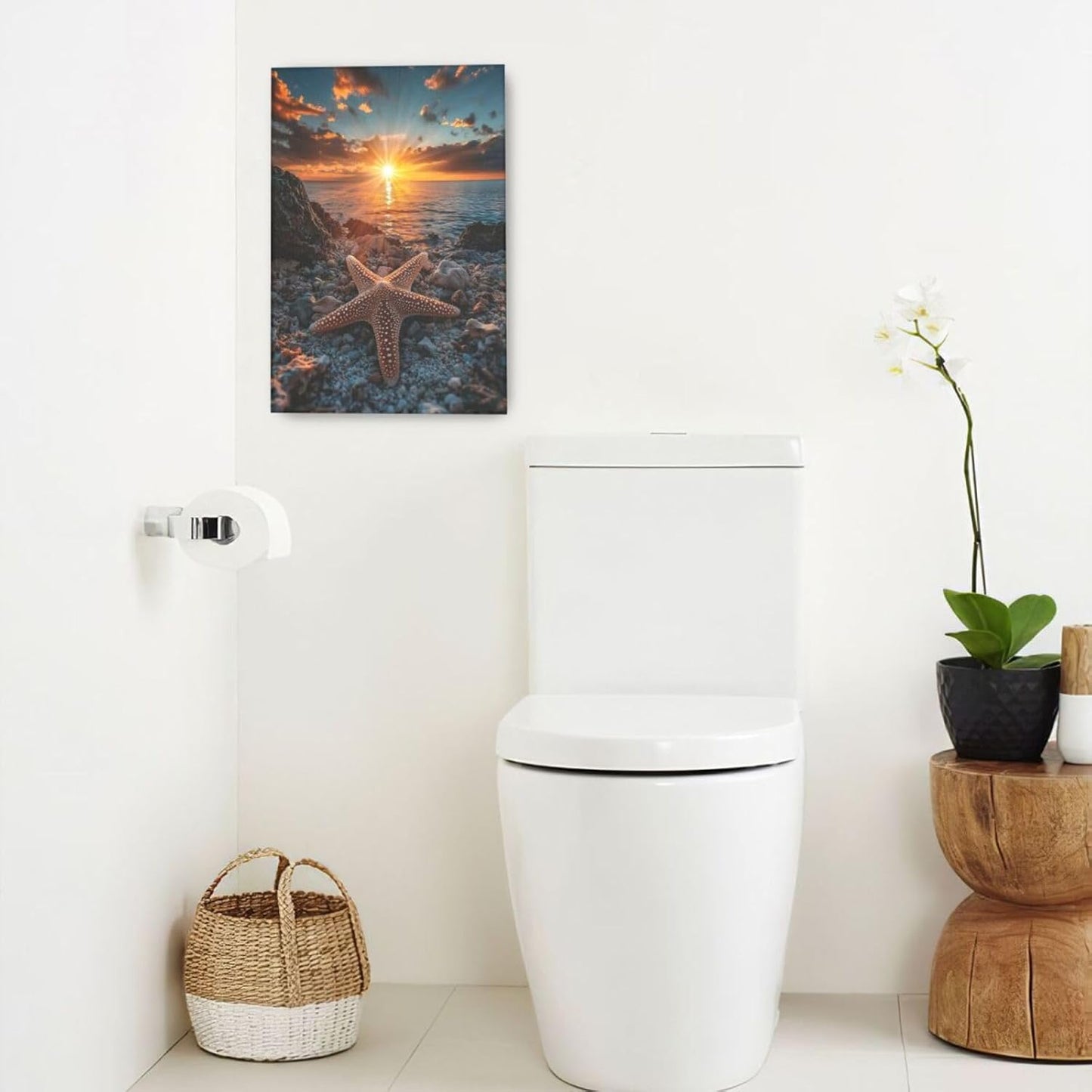 Beach Starfish Wall Decor Ocean Starfish Wall Art Sunset Scenery Coastal Theme Pictures Canvas Nature Seascape Painting Print Framed Artwork Decorations for Home Bathroom Living Room Bedroom Office 16"x24"