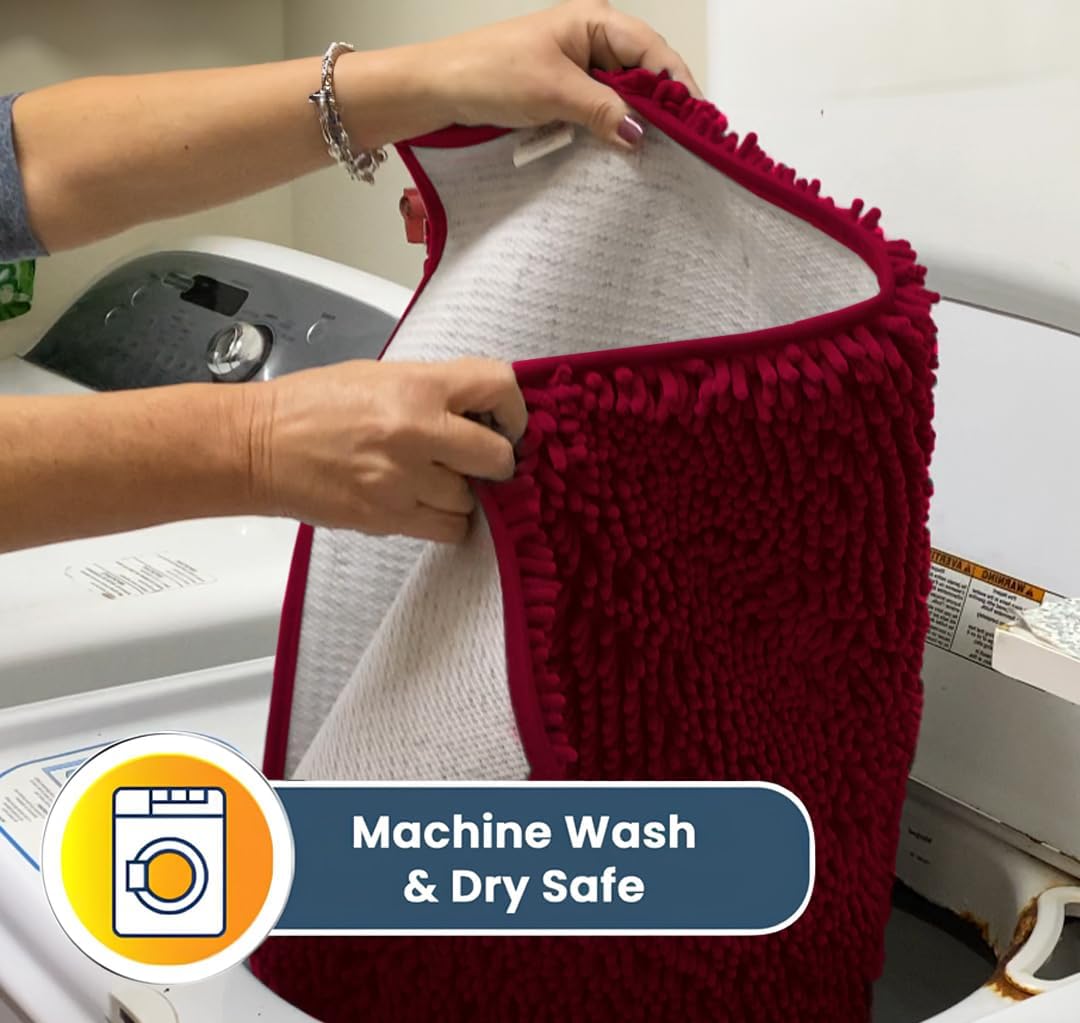 Muddy Mat® AS-SEEN-ON-TV Highly Absorbent Microfiber Door Mat and Pet Rug, Non Slip Thick Washable Area and Bath Mat Soft Chenille for Kitchen Bathroom Bedroom Indoor and Outdoor - Maroon 24" x 120"