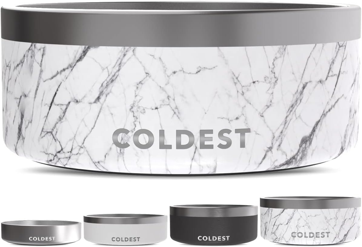 Coldest Dog Bowl - Anti Rust Metal, Non Slip, 3 Layers Insulated Stainless Steel Dog Bowls - Spill Proof & Heavy Duty - Water Bowl for Dogs, Cats & Pets, Dish Washer Safe (100 oz, Carrara Marble)