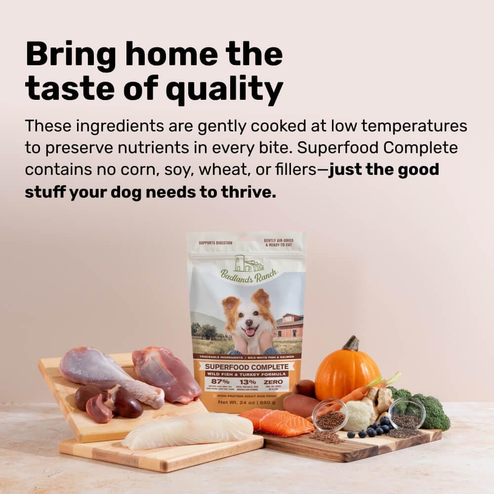 BADLANDS RANCH by Katherine Heigl- Superfood Complete, Air-Dried Adult Dog Food - High Protein, Zero Fillers, Superfood Nutrition (64 Ounce (Pack of 2), Fish & Turkey)