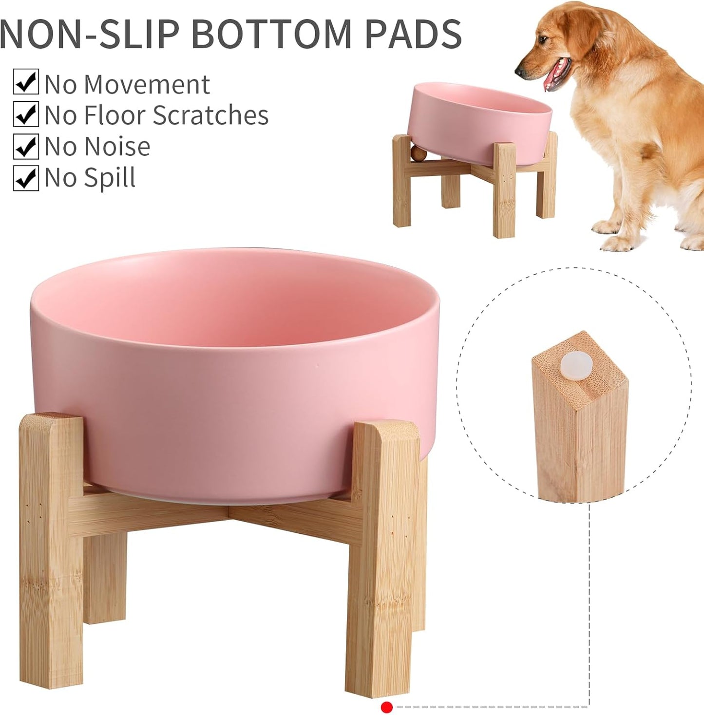 Pink Elevated/Raised 15°Tilted Anti Slip Ceramic Dog Bowl for Small/Medium Breeds,Slanted Bulldog Big Face Pet Food Water Feeding Dish with Stand for Cats and Dogs (3.6 Cups/28 OZ)