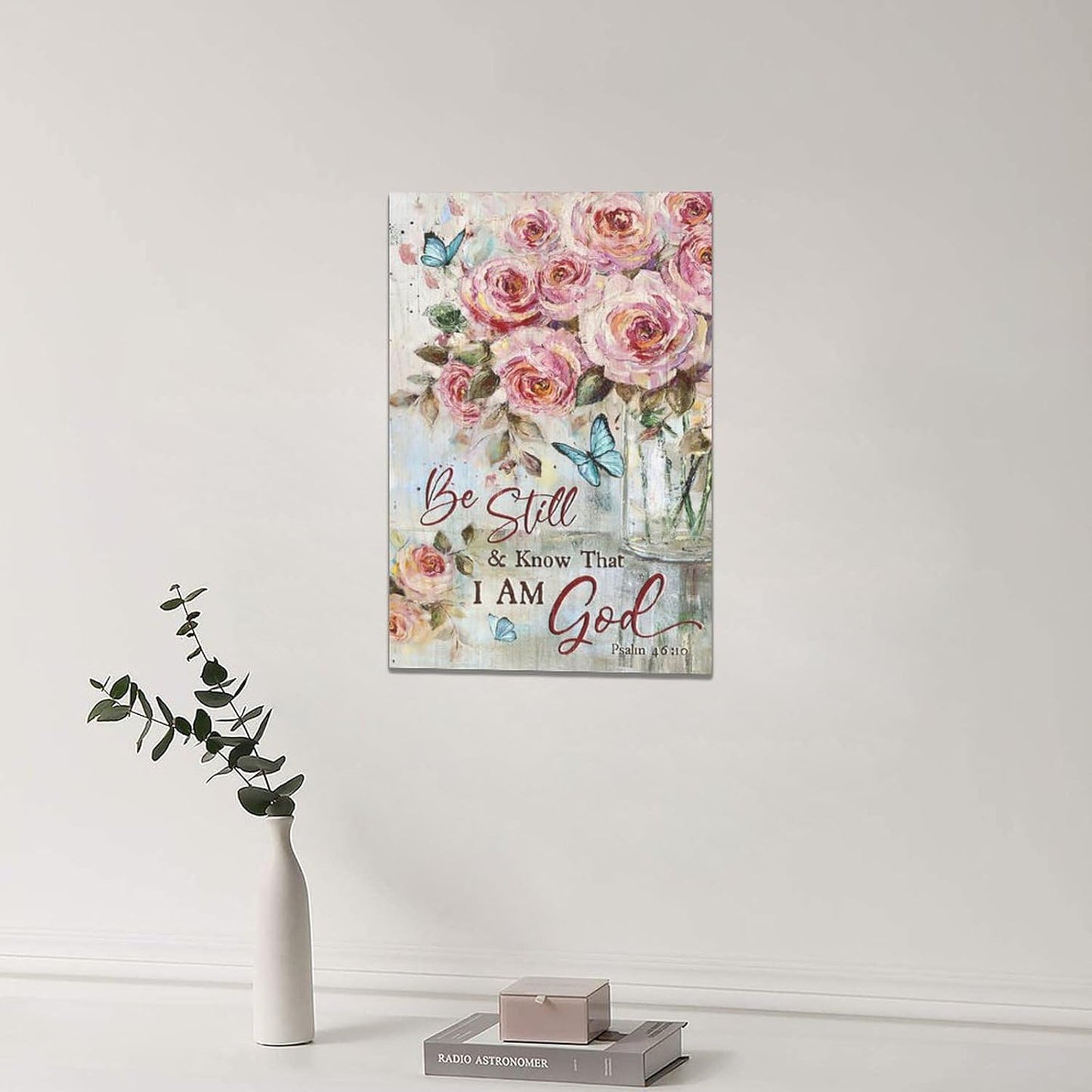 Farmhouse Rose Wall Art Christian Scripture Pictures Pink Rose Wall Decor Rustic Floral Butterfly Canvas Print Painting Artwork for Bathroom Living Room Bedroom 16"x24"