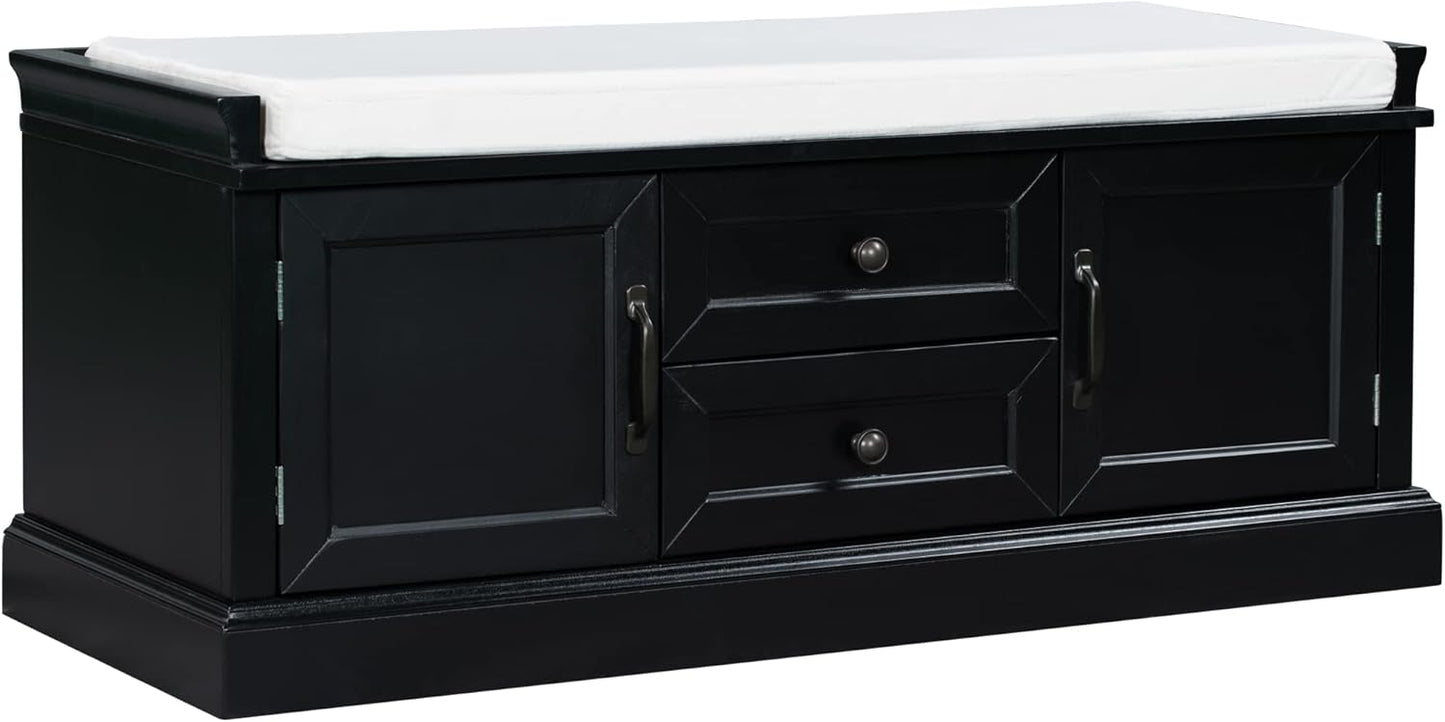 Storage Bench with 2 Drawers and 2 Cabinets, Pine Wood Shoe Bench with Removable Cushion for Living Room, Entryway 42.5" L x 15.9" W x 17.5" H (Black)