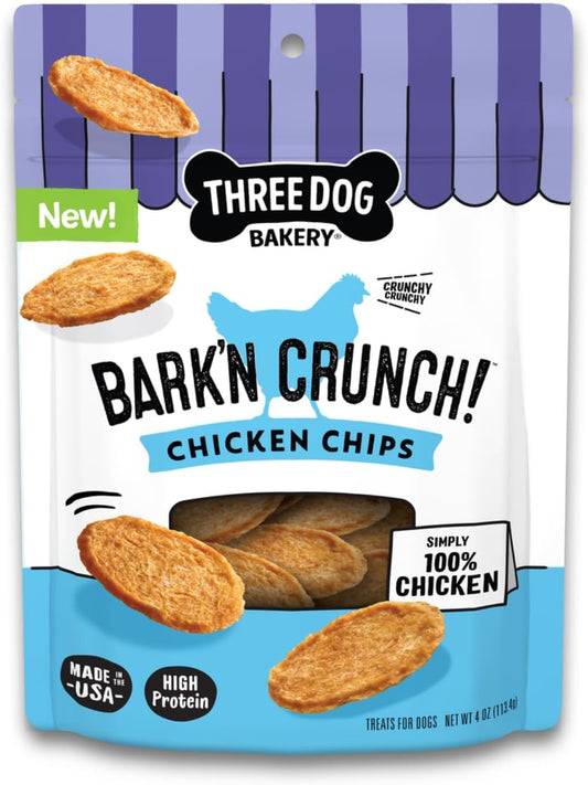 Three Dog Bakery Bark’N Crunch! Chicken Chips, Crunchy Treats for Dogs, Single Ingredient, High Protein Snacks, No Artificial Flavors or Colors, Made in The USA, 4oz