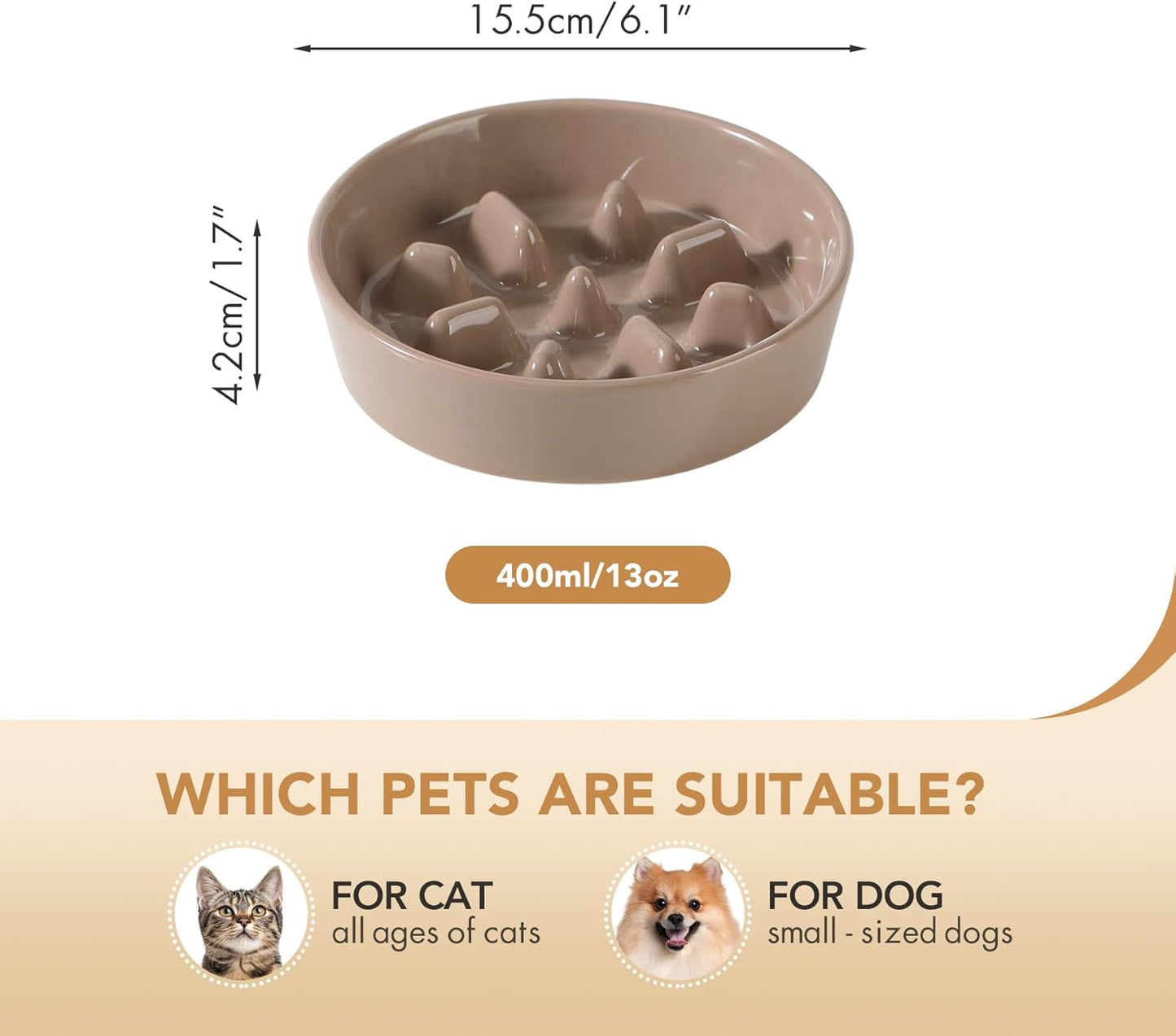 Ceramic 6.1inch Dog Bowl Slow Feeder, Slow Pet Food Dish for Small Dog and Cat, Stop Bloat, Preventing Choking(Single Bowl, Brown Coffee)