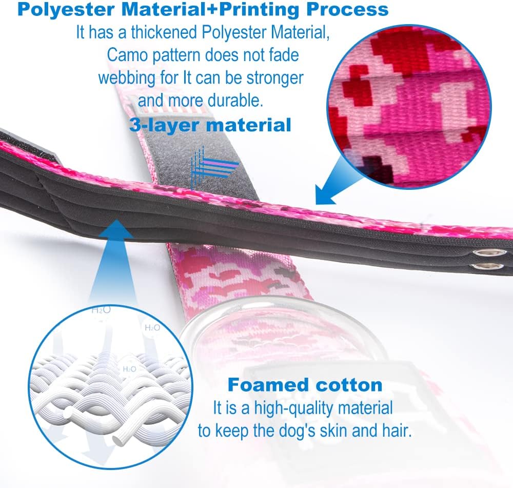 TSPRO Tactical Dog Collar 1.5 Inch Wide Thick Dog Collars with Heavy Duty Metal Buckle, Durable, Strong, Adjustable for Medium to Large Dogs (Camo Pink M)