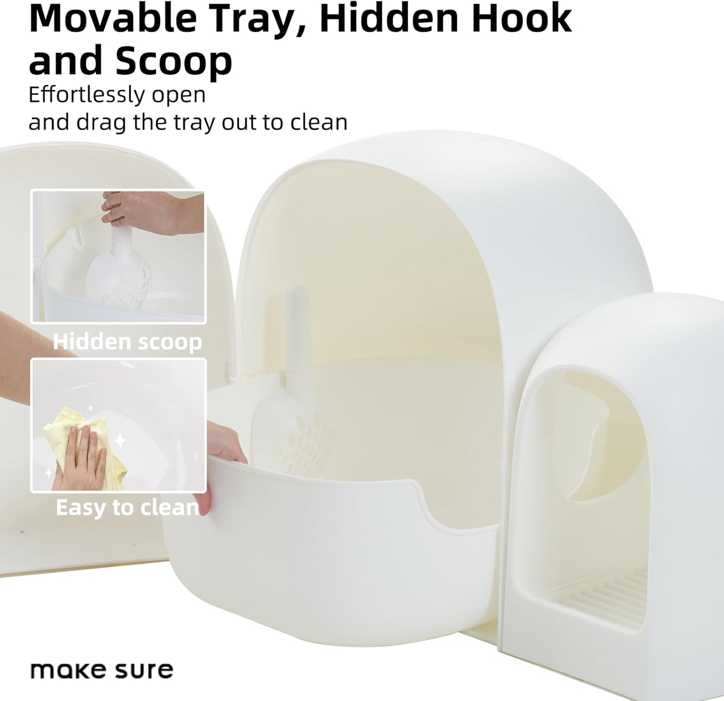 MS!MAKE SURE Cat Litter Box, Large Covered Hidden Dog Proof Closed Modern Cat Litter Box Furniture with Scoop, for Odor Control and Less Tracking, Easy to Clean,26.7"x19.6"19.6", Snow White