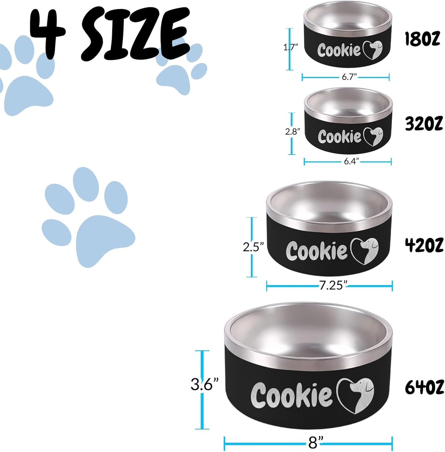64OZ Personalized Dog Bowl Laser Engraved Custom Pet Name 18/32/42/64 oz No Slip Stainless Steel Insulated Bite-Resistant Food Water Dishes-Light Blue