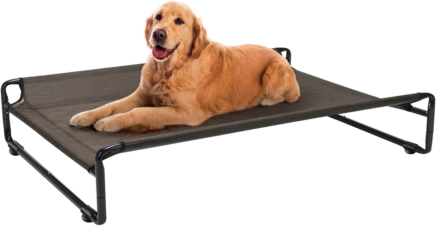 Veehoo Original Outdoor Elevated Dog Bed, Cooling Raised Dog Cot for Large Dogs, Portable Standing Pet Hammock Platform with Washable Breathable Mesh, No-Slip Feet, Large, Brown, CWC2201