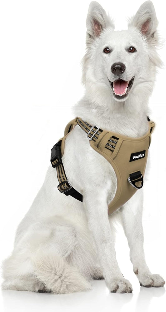 Funfox Dog Harness No Pull, Adjustable Pet Vest Harness, Super Soft Material with Vertical Handle Easy Control, Reflective Night Walking, 2 Leash Clips for XLarge Dogs, Brown, XL