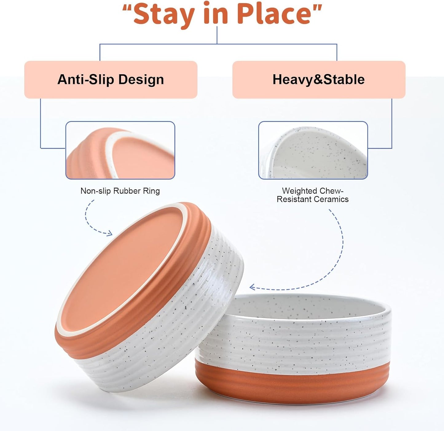 SPUNKYJUNKY Ceramic Dog Bowls 2 Pack, 8.3'' Dog Food Water Double Feeding Bowls Non-Slip for Large Sized Breed Microwave Dishwasher Safe - 60 OZ, 2pcs, Pattern White