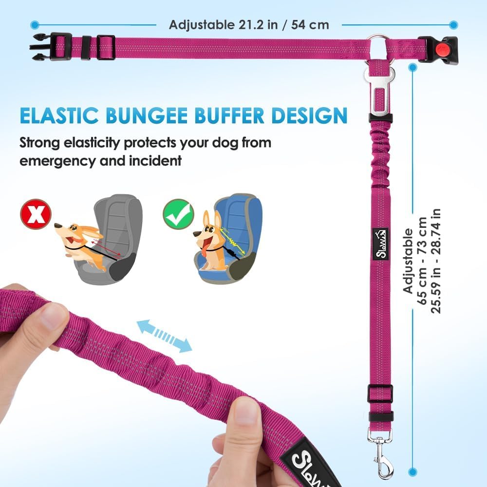 SlowTon Dog Seat Belt, 2 Pack Harness Seatbelt Adjustable With Elastic Bungee Buffer, 2 in 1 Pet Car Leash Headrest Restraint Reflective Safety Tether (Fushia, Dual Restraint)